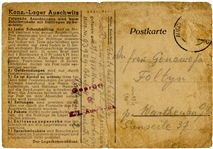 WWII Letter From a Prisoner at the Auschwitz Concentration Camp -- on Auschwitz Postcard With Camp ''Rules''